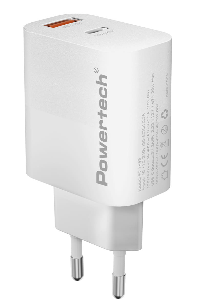 PT-1493.jpg POWERTECH φορτιστής τοίχου PT-1493, USB/USB-C, 20W, λευκός - Image 1